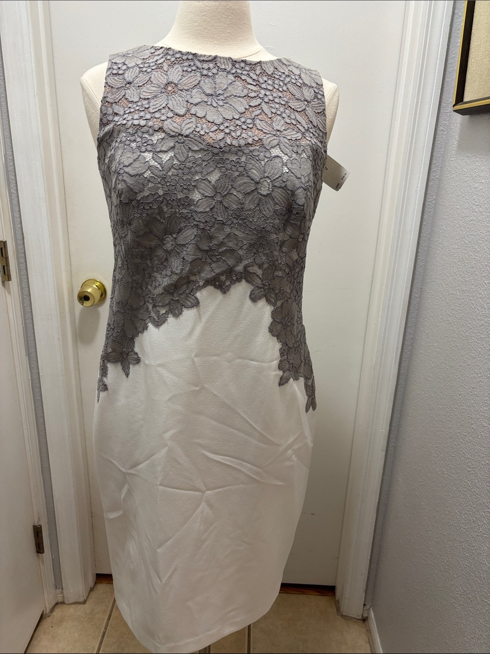 Lauren Ralph Lauren White Midi Dress with Gray Floral Lace Bodice
